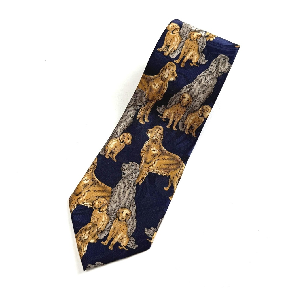 Fratello Dog Print Tie Mens Navy Blue Golden Retriever Setter Novelty Hand Made